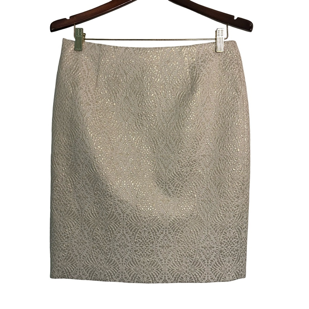 W by Worth Cream Gold Design Textured Business Pencil Skirt.